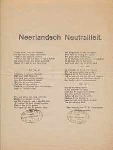 712247 Biljet met de tekst van het lied ‘Neerlandsch Neutraliteit’, Voor rekening van W.H. Nieuwstraten, met twee ...